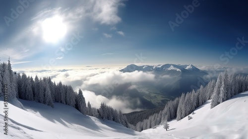 Eine majest  tische Landschaft mit schneebedeckten Bergen  klarem Himmel und flauschigen Wolken  die sich am Horizont erstrecken