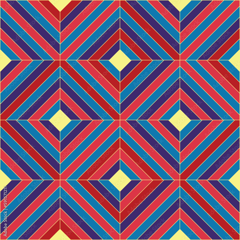 Illusion squares seamless repeat pattern design in vibrant colors. Psychedelic 70s fashion textile print 