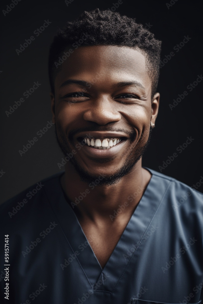 Portrait of a beautiful young african american male doctor smiling. Illustration. Generative AI Portrait of a beautiful young african american male doctor smiling. Illustration. Generative AI