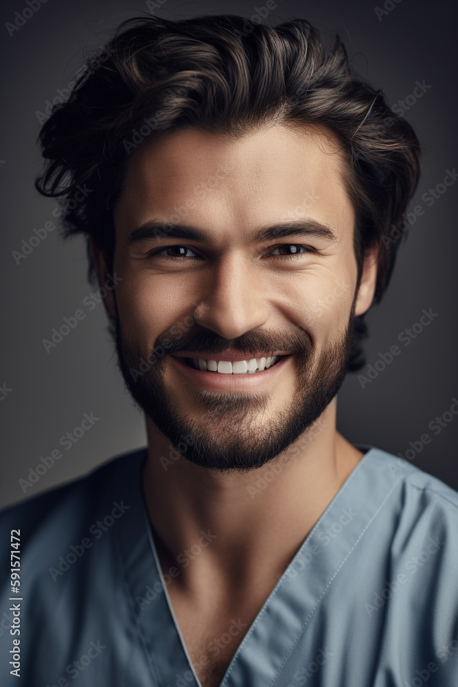 Portrait of a beautiful young caucasian male doctor smiling. Illustration. Generative AI Portrait of a beautiful young caucasian male doctor smiling. Illustration. Generative AI