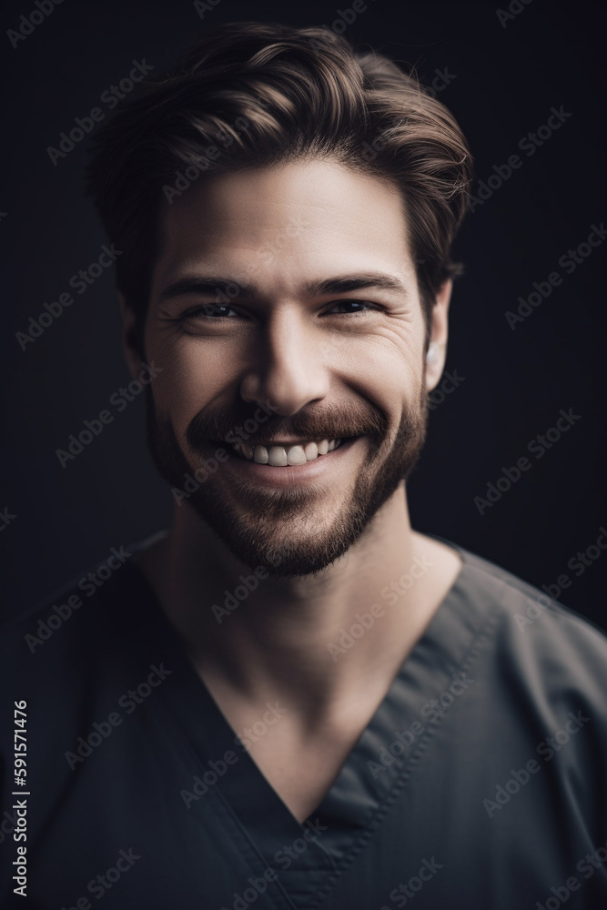 Portrait of a beautiful young caucasian male doctor smiling. Illustration. Generative AI