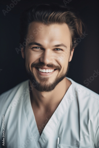 Portrait of a beautiful young caucasian male doctor smiling. Illustration. Generative AI