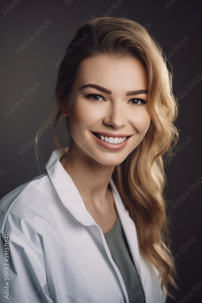 Portrait of a beautiful young caucasian female doctor smiling. Illustration. Generative AI Portrait of a beautiful young caucasian female doctor smiling. Illustration. Generative AI