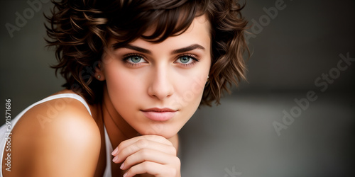 Young beautiful brunette girl with short dark curly or wavy brown hair with a confident gaze, indoors close-up. Generative AI.