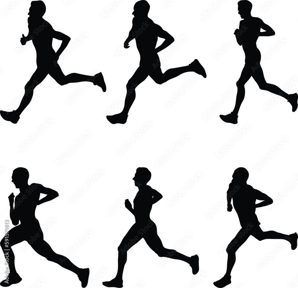 set black silhouette male athlete runner running marathon race, sports vector