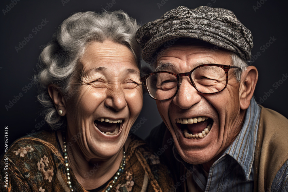 Retired old couple of husband and wife having a great time together, laughing. Generative AI Retired old couple of husband and wife having a great time together, laughing. Generative AI