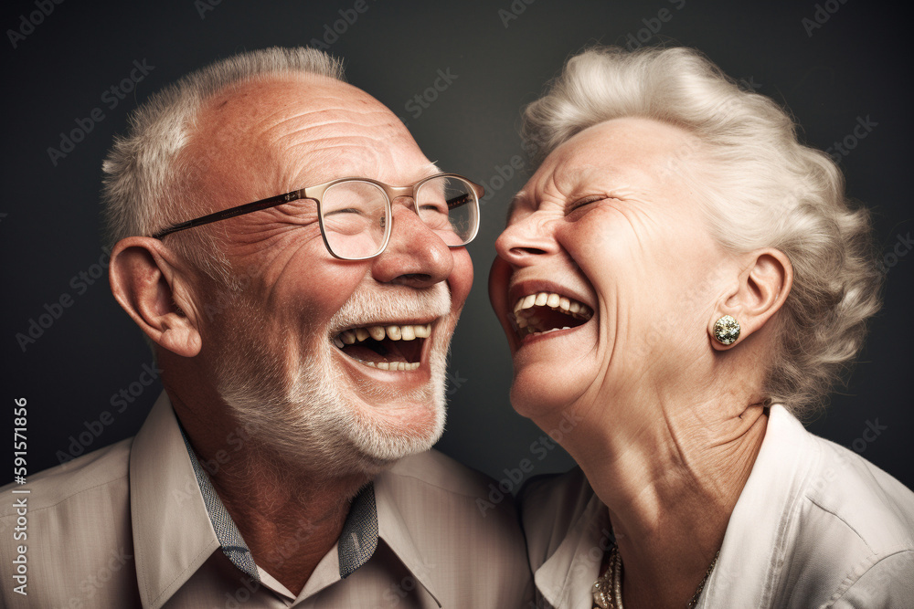 Retired old couple of husband and wife having a great time together, laughing. Generative AI Retired old couple of husband and wife having a great time together, laughing. Generative AI