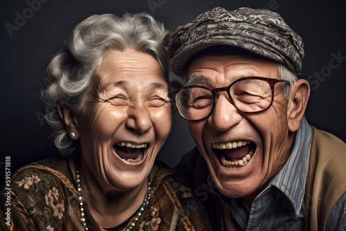 Retired old couple of husband and wife having a great time together, laughing. Generative AI