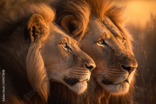 pair of lions nuzzling each other during golden hour look off into the distance created with Generative AI technology