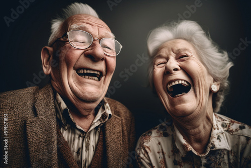 Retired old couple of husband and wife having a great time together, laughing. Generative AI