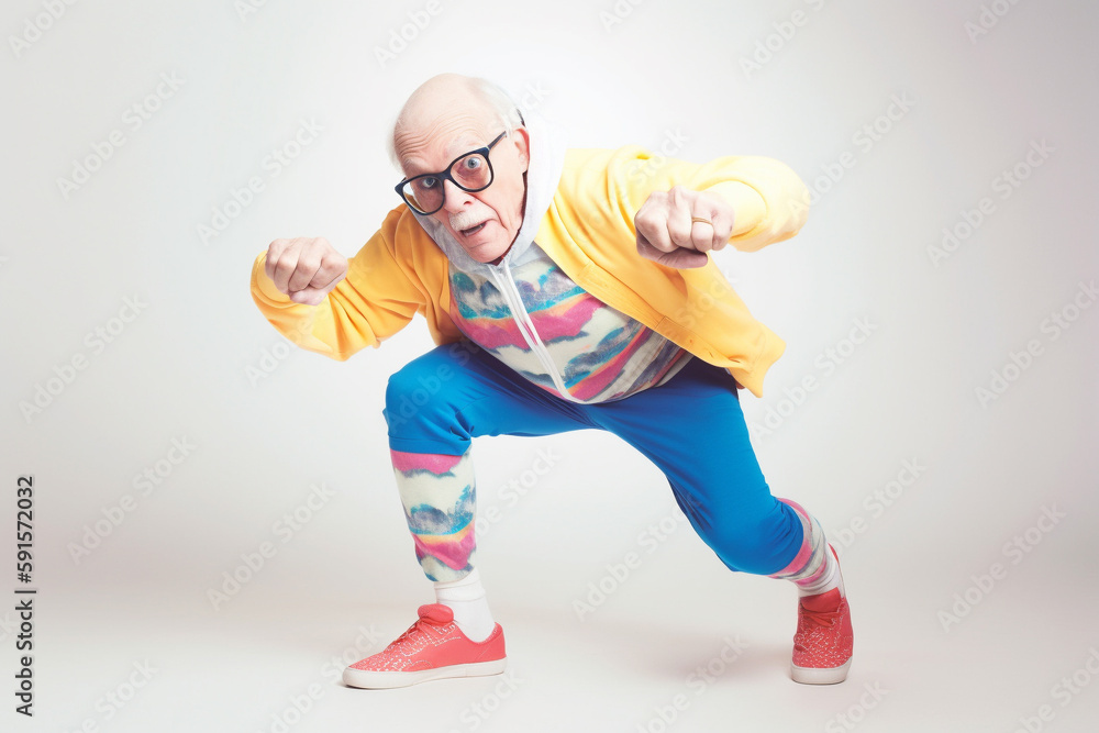 Funny old man doing gymnastics or aerobics. Generative AI Funny old man doing gymnastics or aerobics. Generative AI