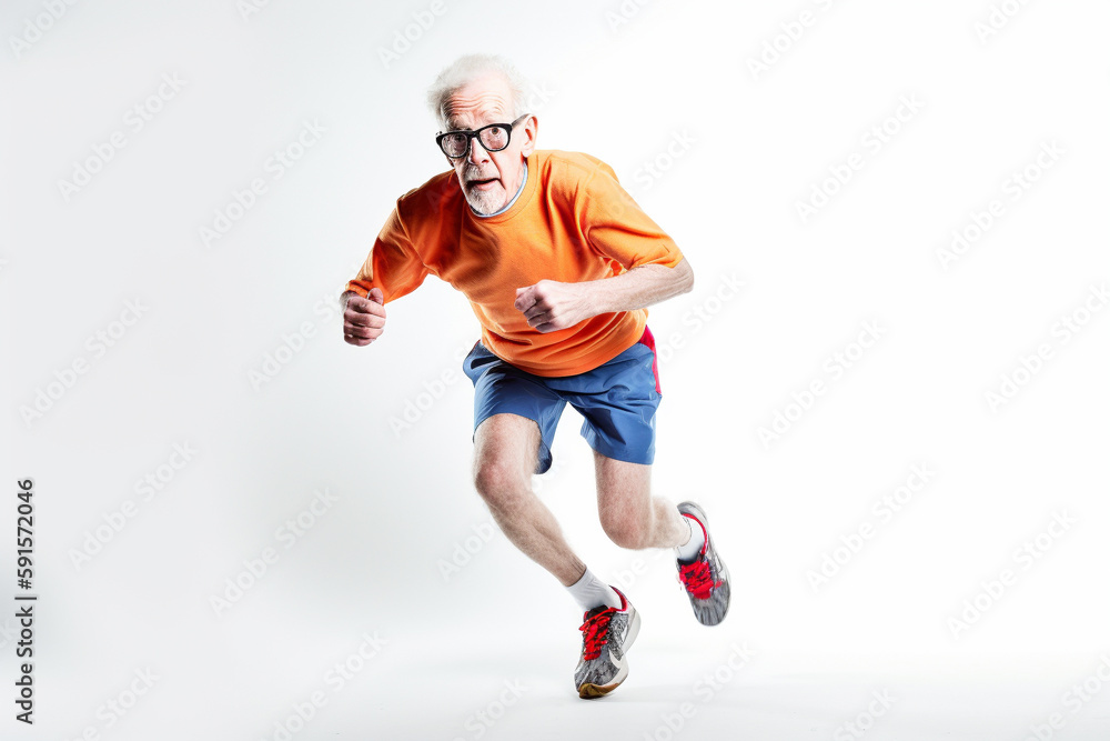 Funny old man jogging, illustration. Generative AI