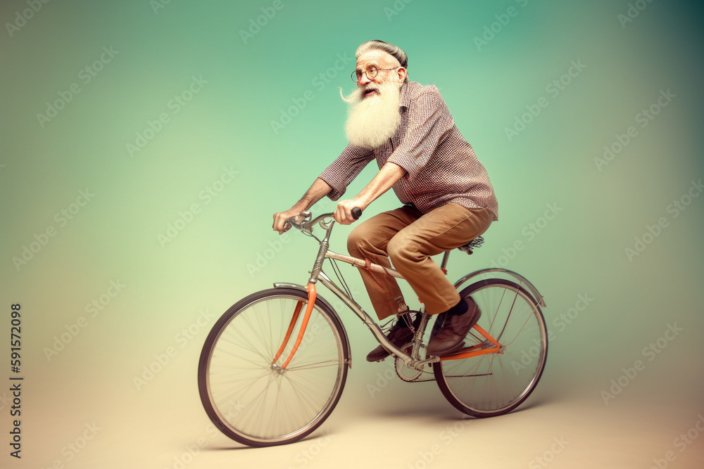 Funny old man riding a bicycle. Generative AI Funny old man riding a bicycle. Generative AI