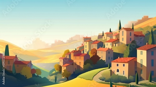 Сozy Italian village in cartoon style created with Generative AI technology photo