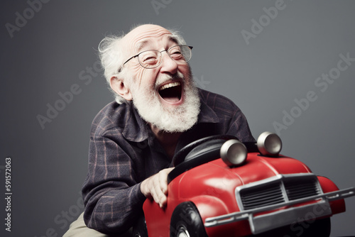 Old man having fun riding a toy car. Generative AI