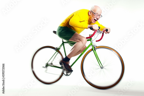 Funny old man riding a bicycle. Generative AI