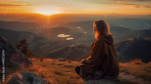 A young woman meditating sitting on a mountain top, with a stunning sunset in the background - ai generative
