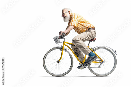 Funny old man riding a bicycle. Generative AI