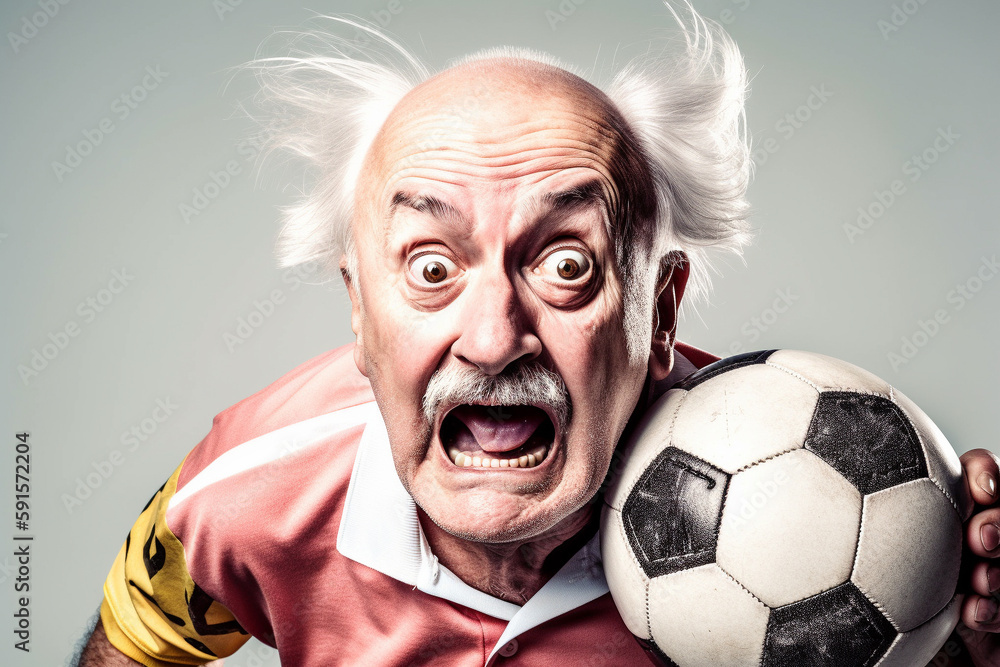 Funny old man playing football. Generative AI Stock Illustration