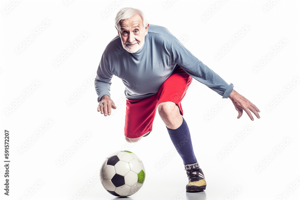 Funny old man playing football. Generative AI