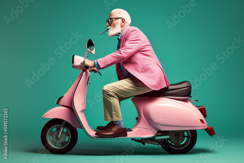 Funny old man riding a scooter. Generative AI