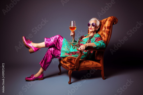 Funny old woman, chilling and relaxing in an armchair, drinking wine. Generative AI.