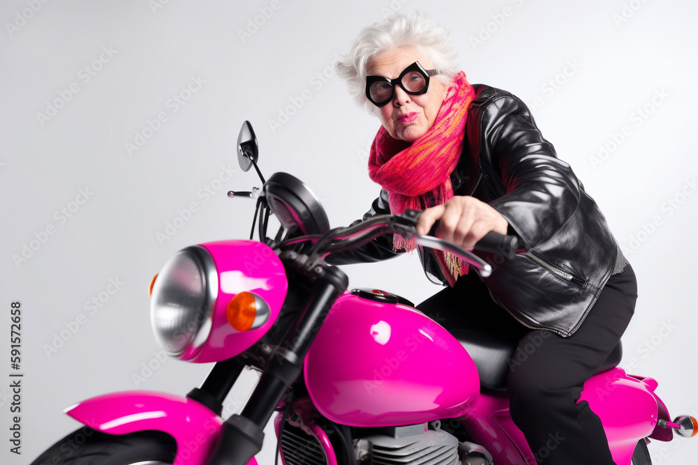 Funny old woman riding a motorcycle. Generative AI Funny old woman riding a motorcycle. Generative AI