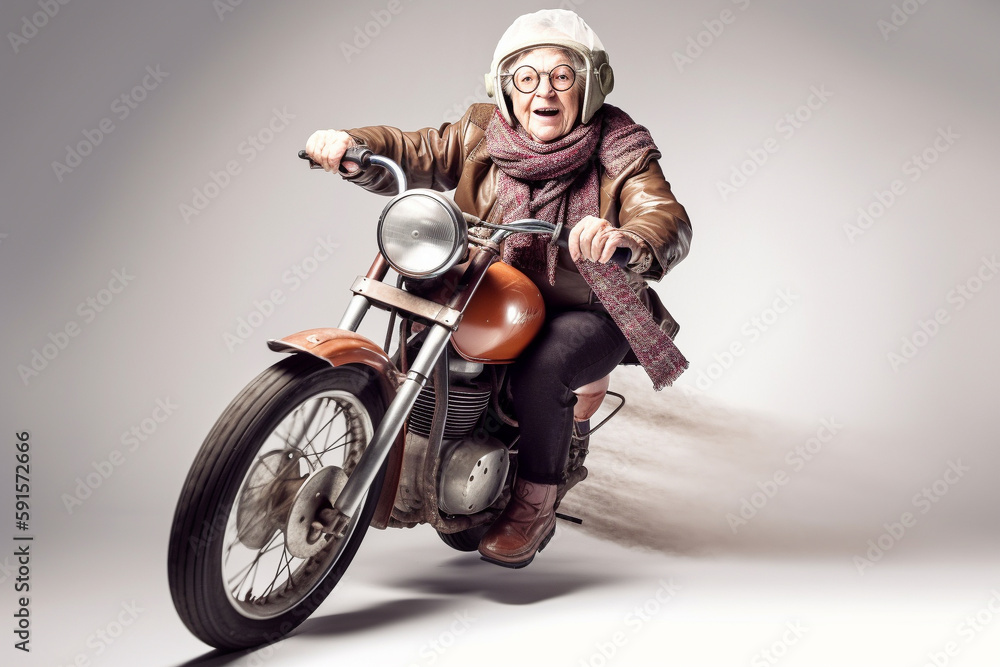 Funny old woman riding a motorcycle. Generative AI Funny old woman riding a motorcycle. Generative AI