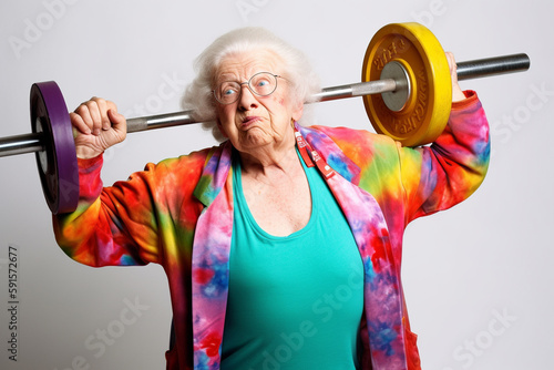 Funny old lady doing heavylifting. Generative AI photo