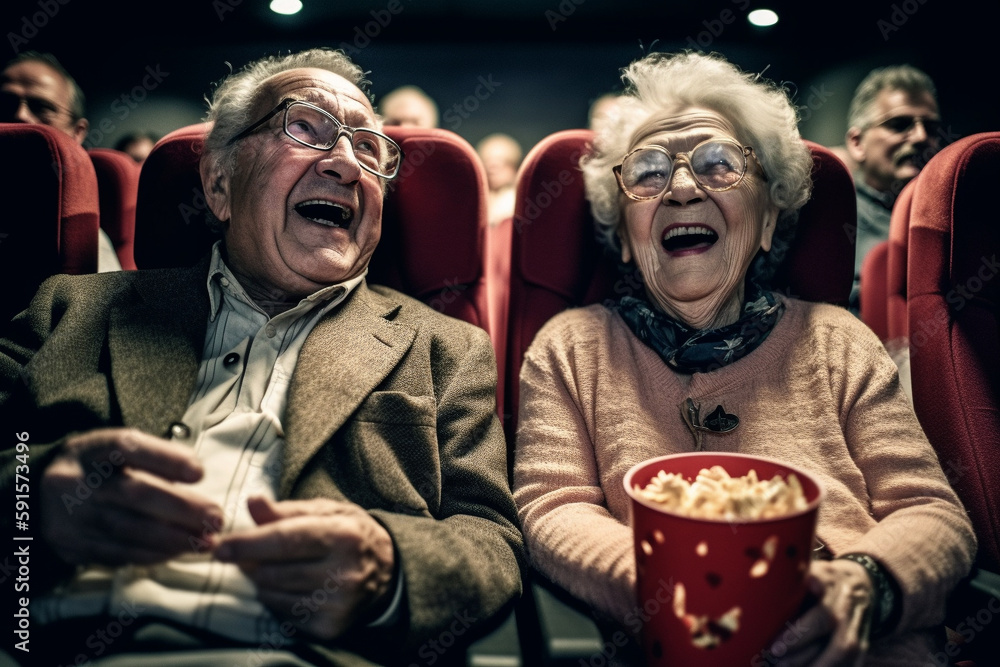 Old couple of husband and wife, enjoying retirement - they are watching a movie together at the cinema. Generative AI