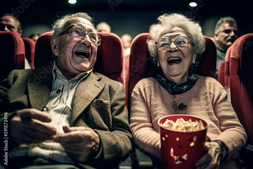 Old couple of husband and wife, enjoying retirement - they are watching a movie together at the cinema. Generative AI