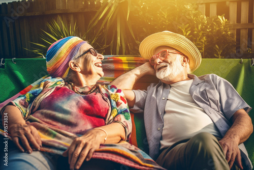 Old couple of husband and wife, enjoying retirement - they are chilling and relaxing in their backyard. Generative AI
