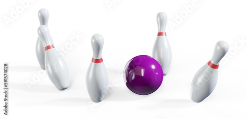 Bowling strike on white background. 3d render