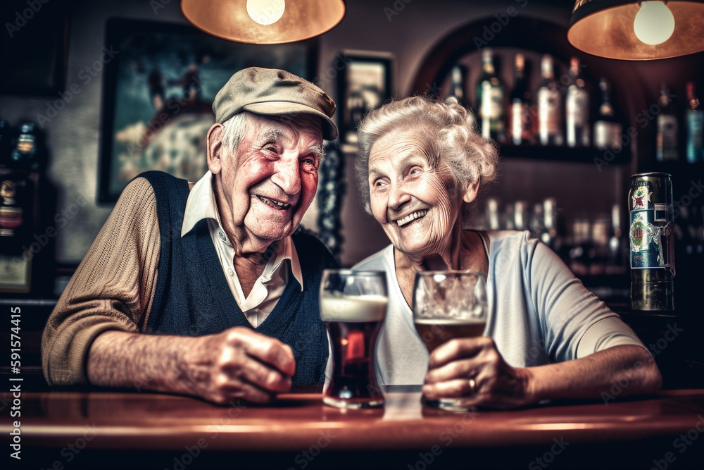 Old couple of husband and wife, enjoying retirement - they are drinking and having fun in a pub. Generative AI