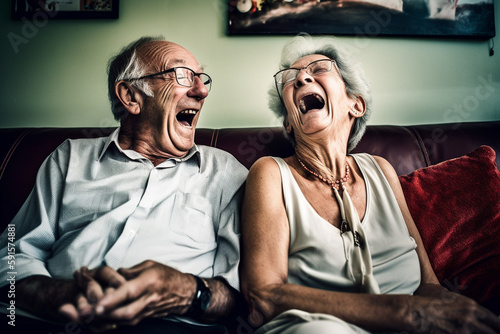 Old couple of husband and wife  enjoying retirement - they are watching TV and laughing. Generative AI