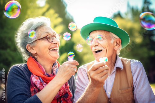 Old couple of husband and wife  enjoying retirement - they are making soap bubbles and laughing. Generative AI