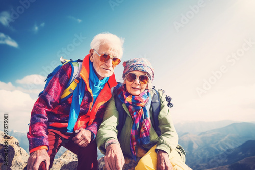Old couple of husband and wife, enjoying retirement - they are climbing a mountain together. Generative AI
