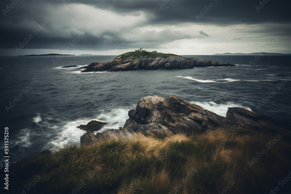 tempestuous coastal landscape with island at the horizon, generative ai tempestuous coastal landscape with island at the horizon, generative ai