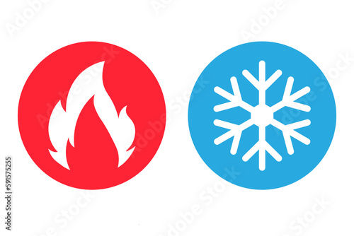 Hot and Cold icon temperature, flat vector icon of temperature, Fire and snowflake sign. Heating and cooling button, Weather icon, hot and cold climate icon, icons for web and mobile app design.