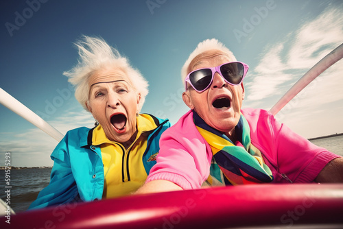Old couple of husband and wife, enjoying retirement - they are riding a speedboat on the ocean. Generative AI