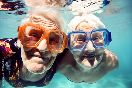 Old couple of husband and wife, enjoying retirement - they are having fun snorkeling. Generative AI