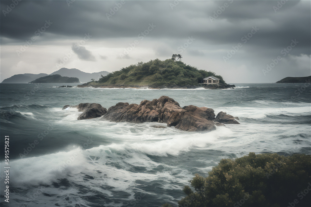 typhoon landscape with island at the horizon, generative ai typhoon landscape with island at the horizon, generative ai