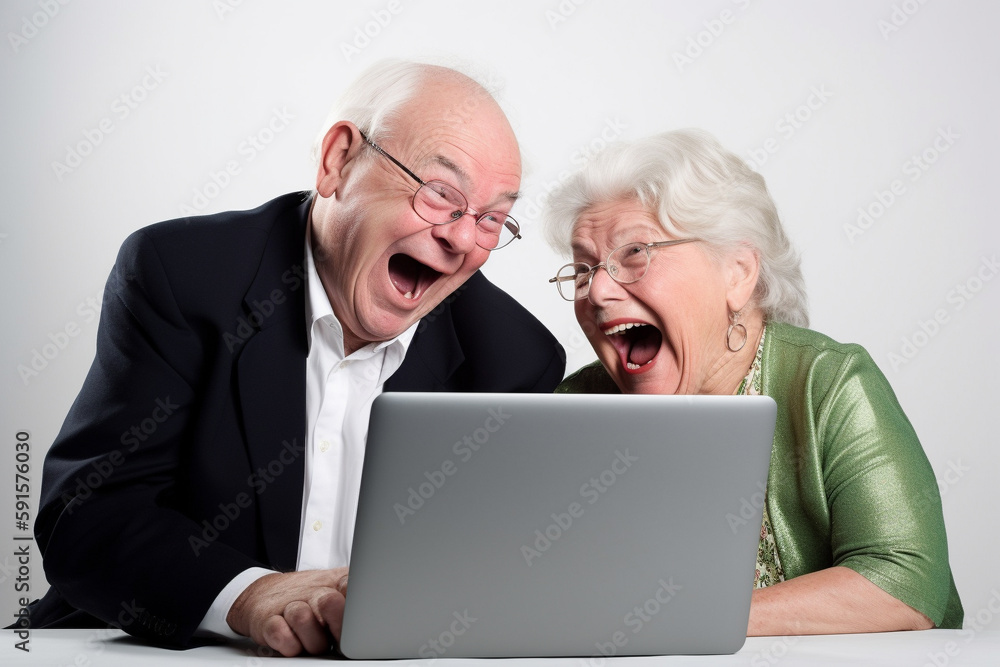 Old couple of husband and wife, enjoying retirement - they looking at a laptop and laughing. Generative AI