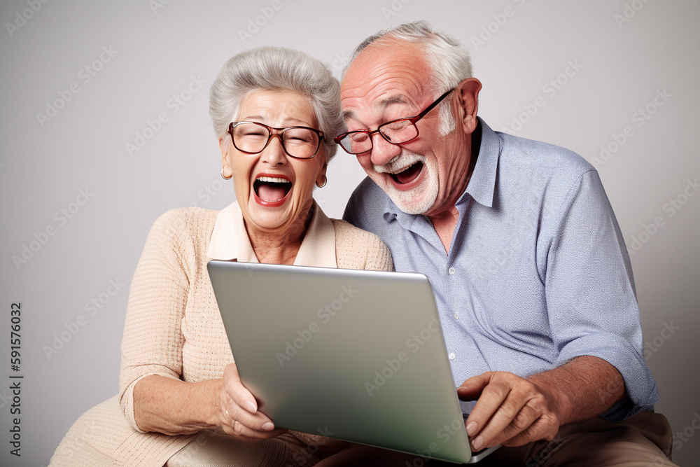 Old couple of husband and wife, enjoying retirement - they looking at a laptop and laughing. Generative AI