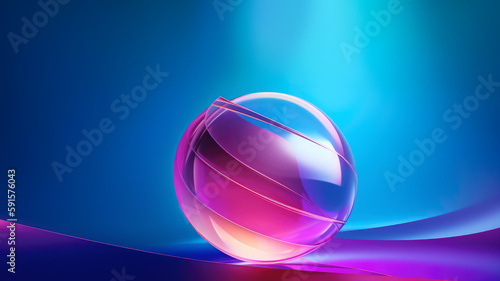 A shiny glass sphere with a blue and pink gradient design reflecting light across a blue background. Generative AI