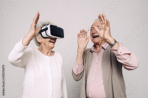 Old couple of husband and wife, enjoying retirement - they are having fun with VR headsets. Generative AI
