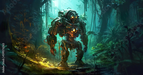 Future illustration of a robot in the dark forest in a very futuristic environment.Cyberpunk robot in the mysterious jungle Fantasy creative art concept.AI generated illustration. © Czintos Ödön