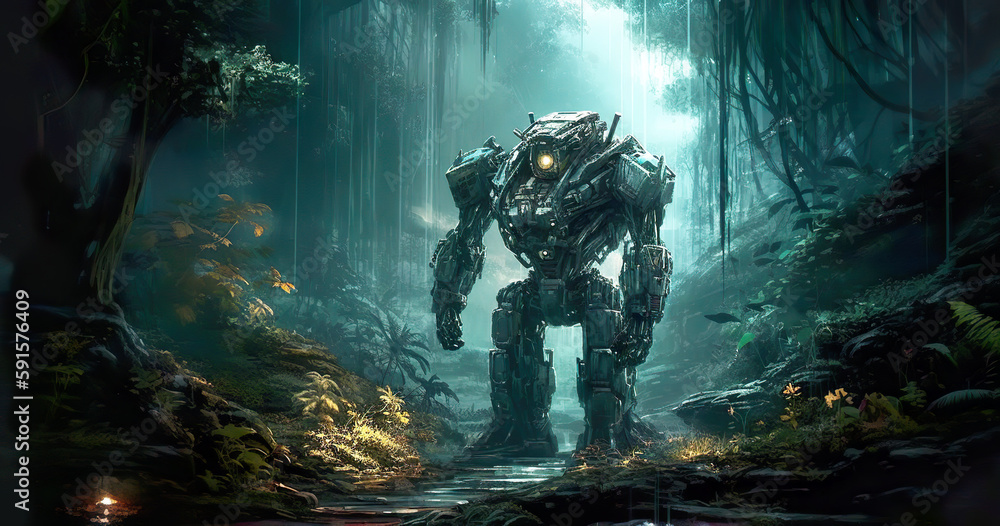 Future illustration of a robot in the dark forest in a very futuristic environment.Cyberpunk robot in the mysterious jungle Fantasy creative art concept.AI generated illustration.