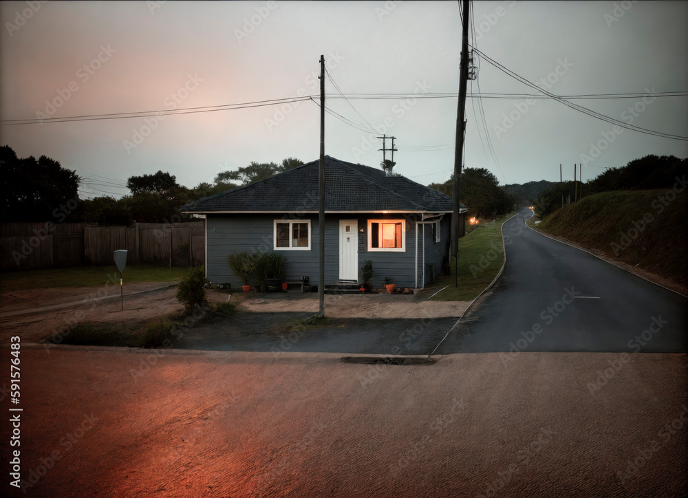 a small house sitting on the side of a road next to a street sign and a fenced in area