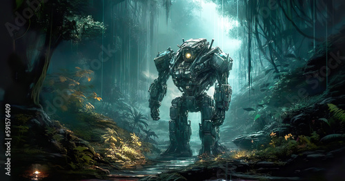 Future illustration of a robot in the dark forest in a very futuristic environment.Cyberpunk robot in the mysterious jungle Fantasy creative art concept.AI generated illustration.